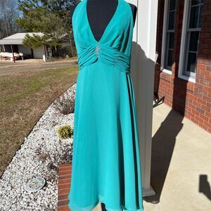 Women's Size 12 Blue tea length high low Gown Sleeveless V-Neck Formal Dress
